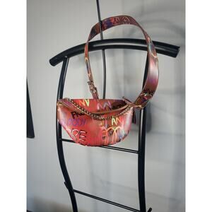 Multicolor Graffiti Clutch Bag With Gold Color Chain Faux Leather